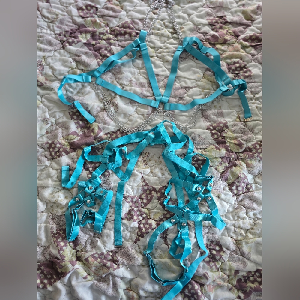Turquoise Strappy Lingerie Set Plus Size Body Harness Cage 2 Piece Chains Rave
